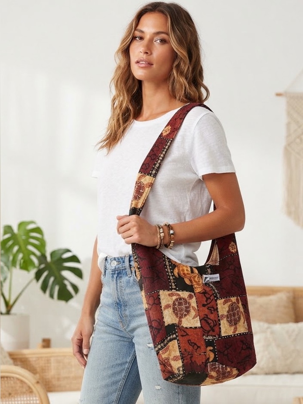 Local Design Hawaiian Multicolor Patchwork Hobo Shoulder Bag Embroidered Pockets